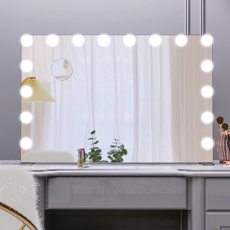 Wonstart 女優ミラー ハリウッドミラー 卓上 14個LED電球付き 暖色・寒色 ２色ラ Wonstart女優ミラー 62x91cm ハリウッドミラー卓上 大型 壁掛け⁄卓上