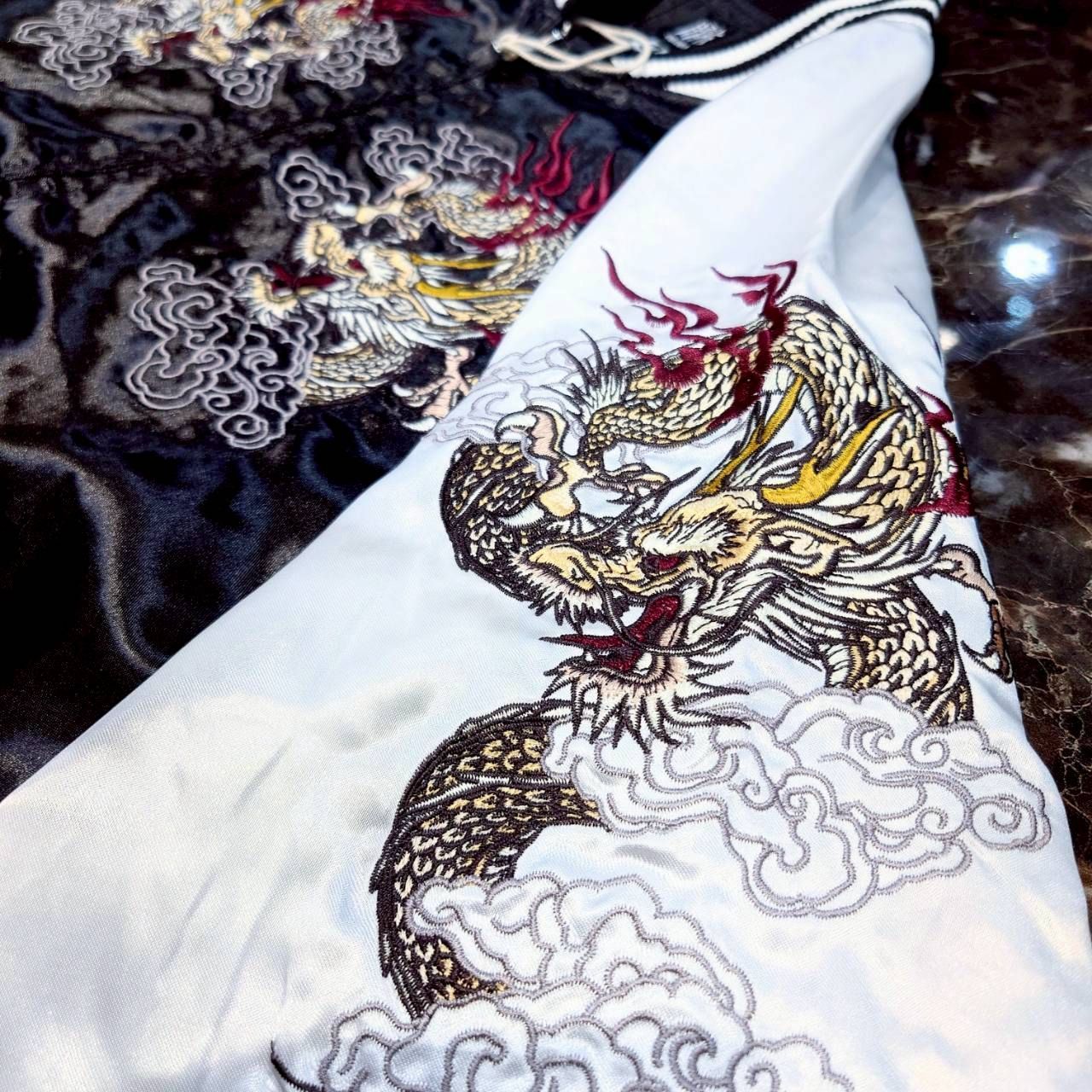 ☆【朧 -OBORO-/双龍 龍 袖龍/スカジャン サテン/総刺繍】長袖