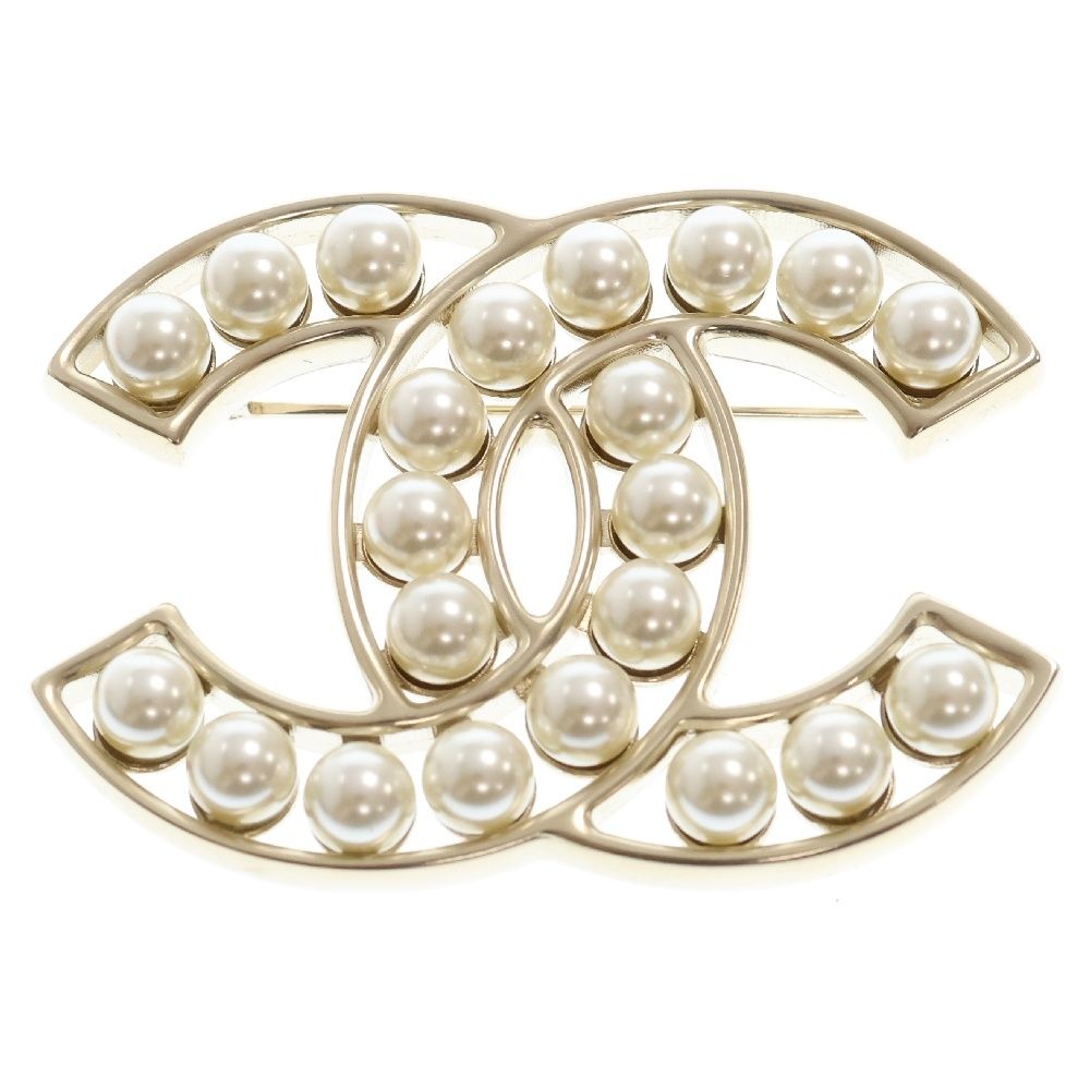 CHANEL シャネル ココマーク フェイクパールブローチ シャンパン ライトゴールド バッジ B23V
