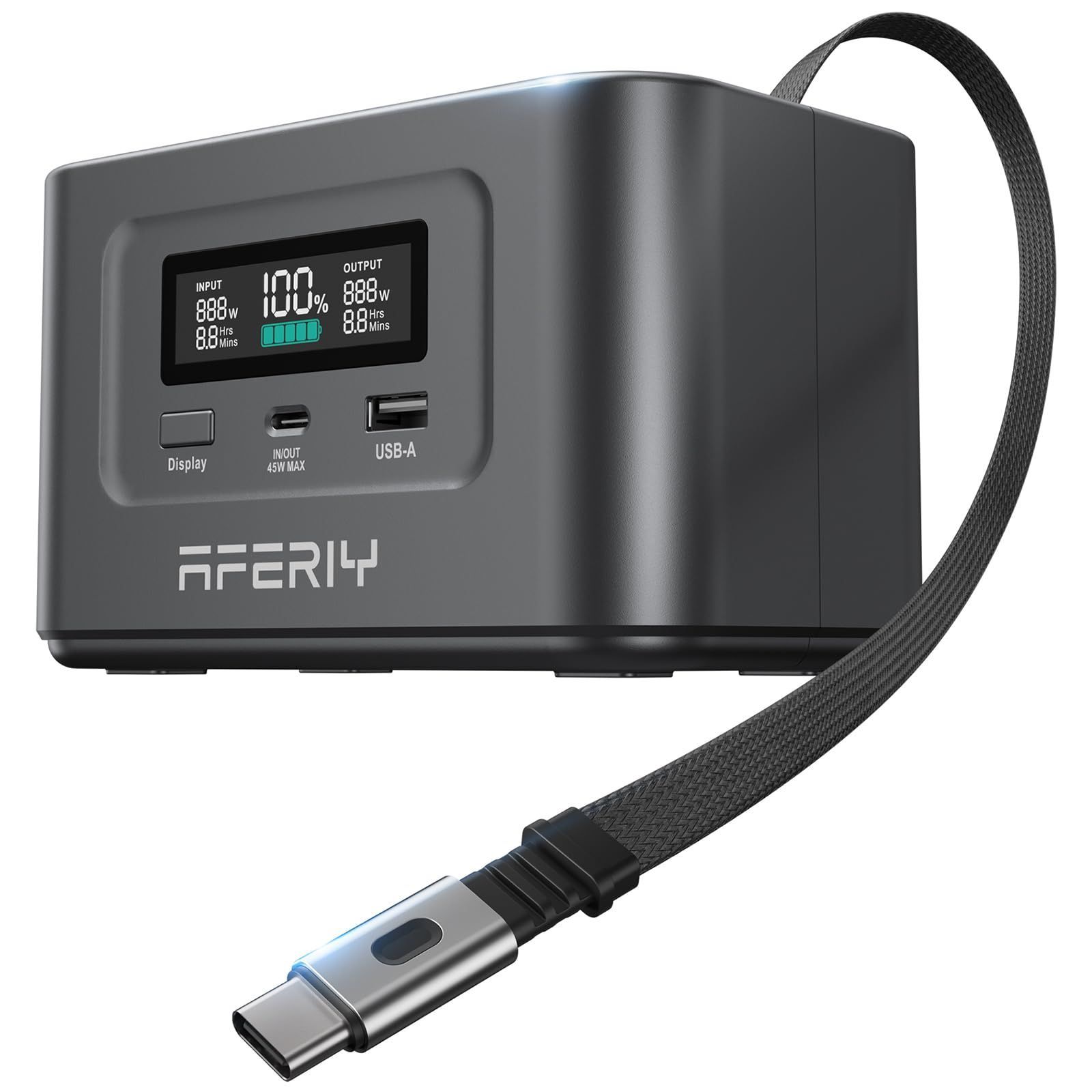 AFERIY 145W ポータブル電源 99.2Wh|31000mAh 伸縮式Type-Cケーブル内蔵 ポータブルバッテリー 小型 飛行機持ち込み可 リン酸鉄リチウム 1.5時間フル充電 PD3.0対応双方向USB-C 45W 100W 急速充電 ダークグレー