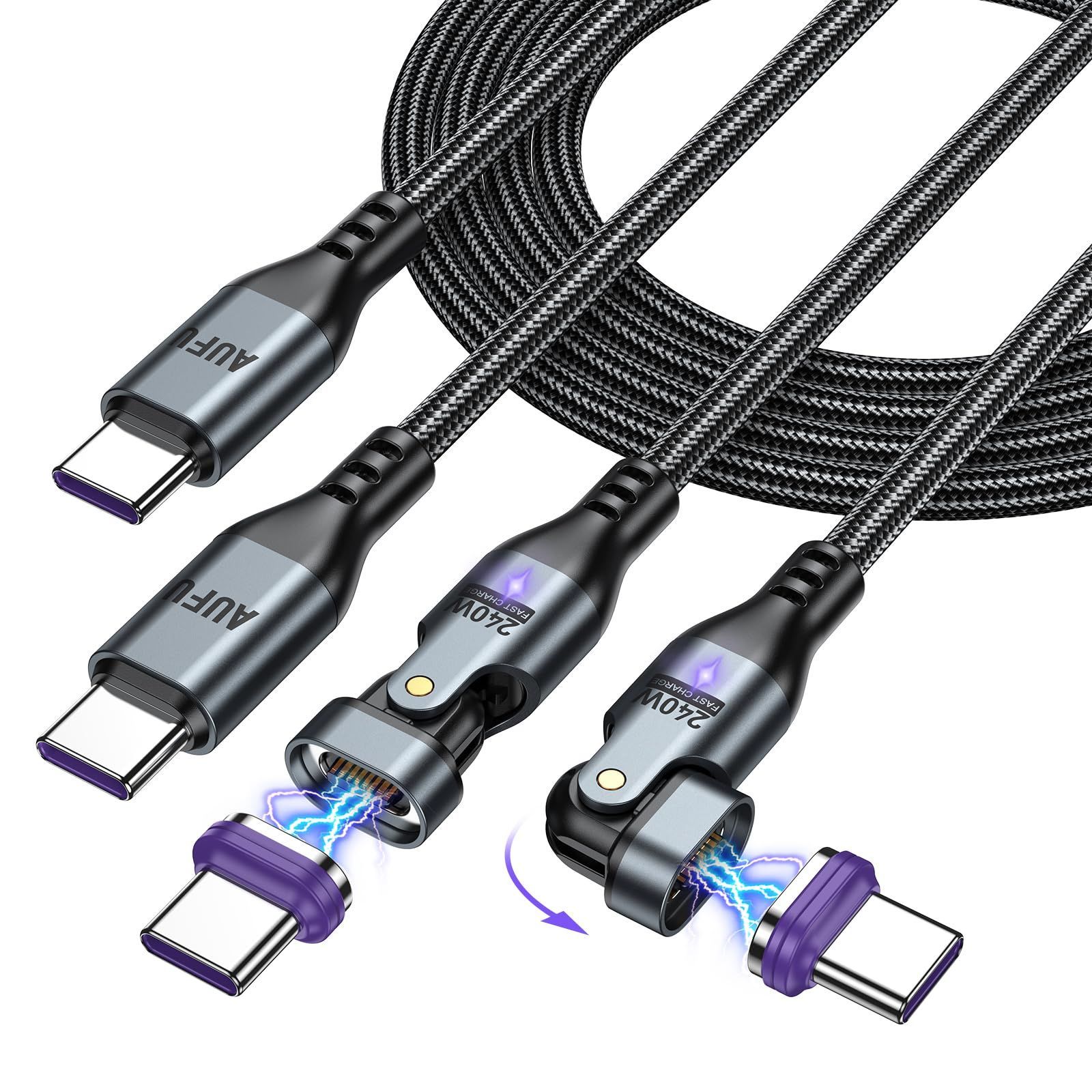 新品 PD240W USB Type C ケーブル 16pin マグネット 充電ケーブル Ｌ字型 180回転可【1.8M】5A急速充電 データ転送可 片手操作 タイプc 充電ケーブル AndroidなどType-C機種対応【AUFU】（ブラック・2本組