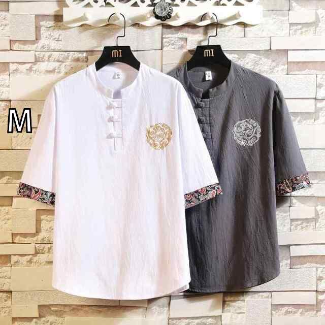[M] メンズ ファッション 服 男性用 オシャレ シンプル 大人 かっこいい 大きいサイズ ストリート 紳士服 唐装 綿 リネン レトロ カジュアル トップス ボタン ダウン リネンシャツ 半袖 T シャ