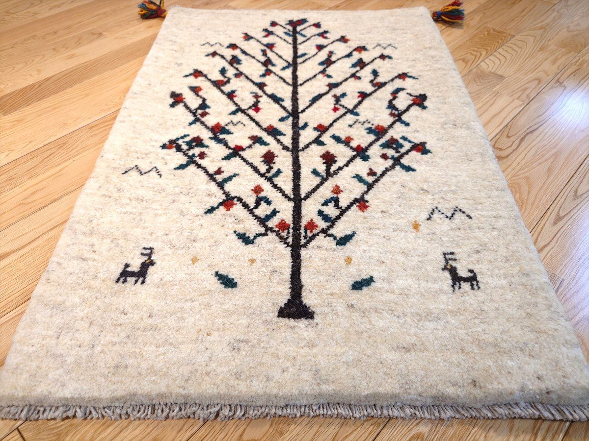 ペルシャ ギャッベ 玄関 88×62 生成 生命の木 秋入荷】ペルシャ