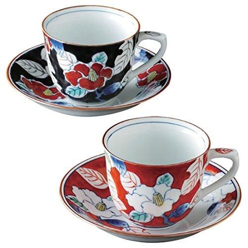 CtoC JAPAN コーヒーカップ おしゃれ- 有田焼 総手描き 色彩山茶花 ペアコーヒー碗皿 Japanese Pair Cup -amp- Saucer Porcelain|Size cm C