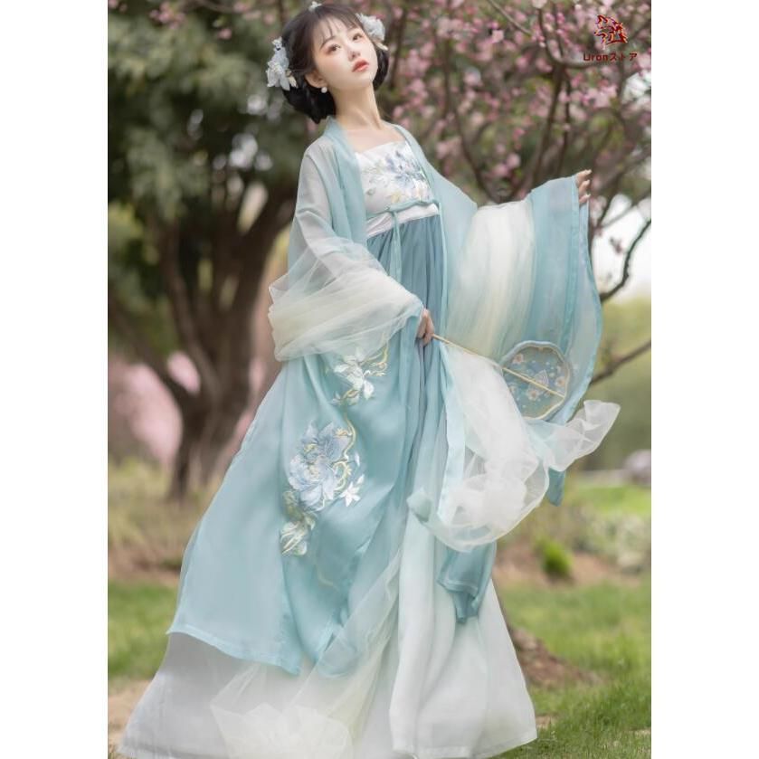 漢服3点セット レディース 唐朝 中国古代服装 振袖羽織カバー付き 大きい花刺繍 ストール付き 中華宮廷 皇后 貴妃 変身 コスプレ衣装 グラ