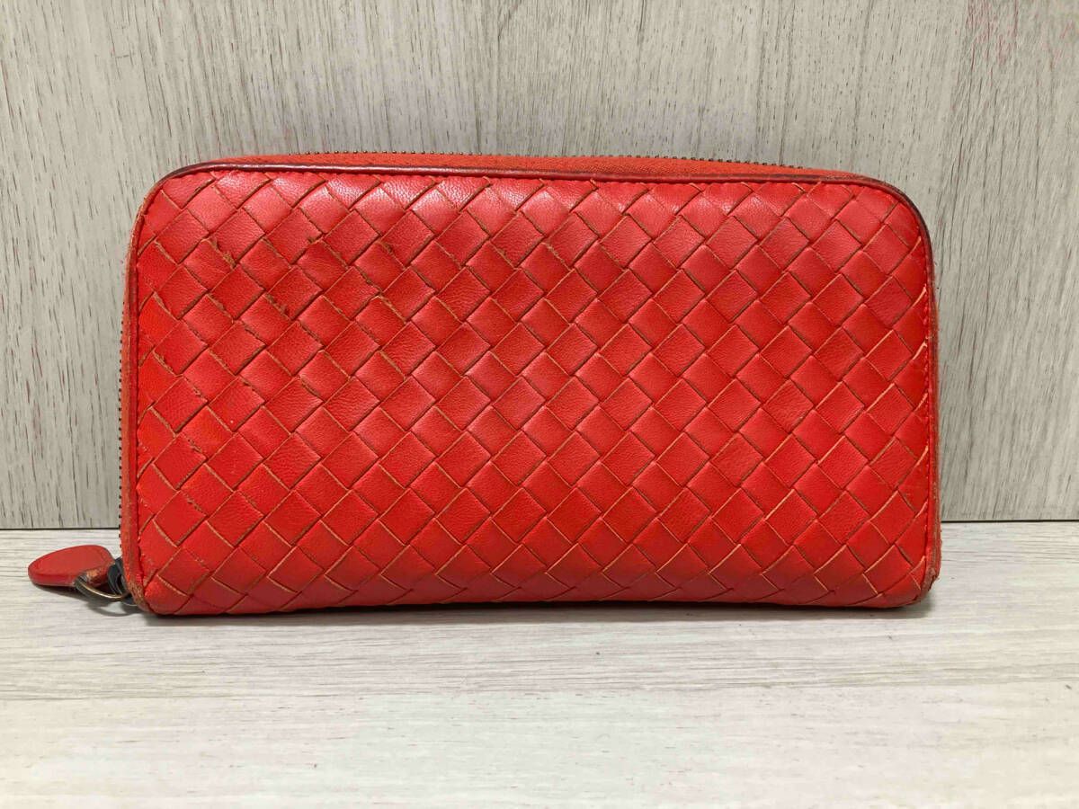 赤財布 BOTTEGA VENETA イントレチャート ラウンドファスナー レッド 長財布