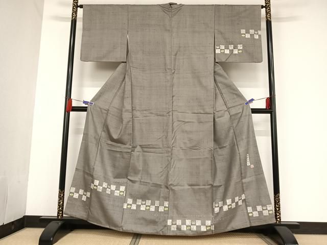 平和屋着物●手彫木版染　佐伯武晴　訪問着　紬地　風景文　正絹　逸品　AAAU0130np 平和屋着物○手彫木版染 佐伯武晴 訪問着 紬地 風景文 正絹 逸品