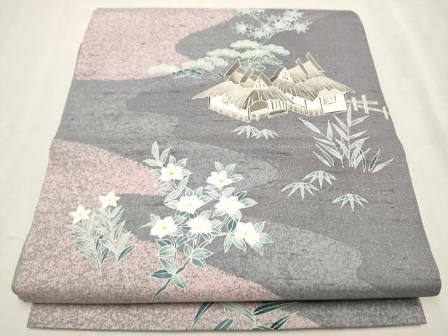 平和屋着物○太鼓柄袋帯 紬地 手描き 人物風景花文 金彩 正絹