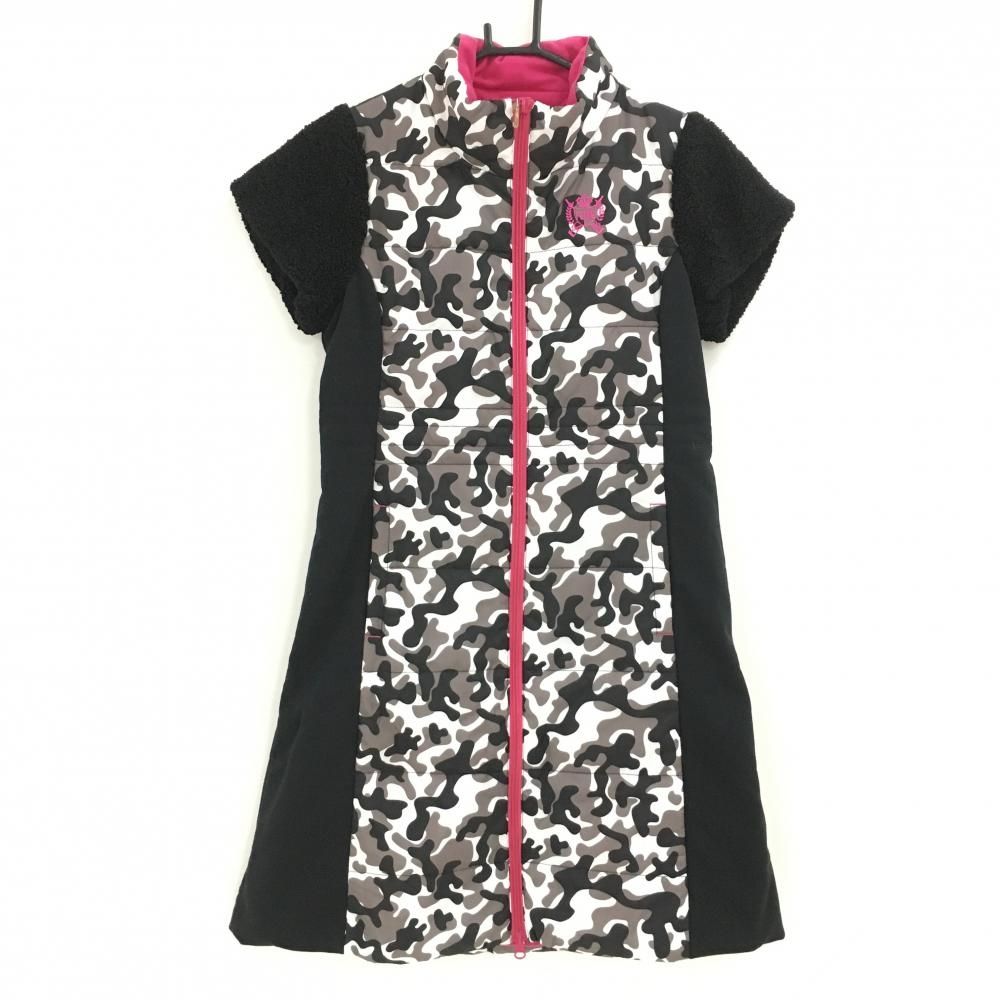 ビバハートreplie 中綿半袖ワンピース 黒×白 一部カモフラ 迷彩 袖ボア レディース 40 M ゴルフウェア VIVA HEART