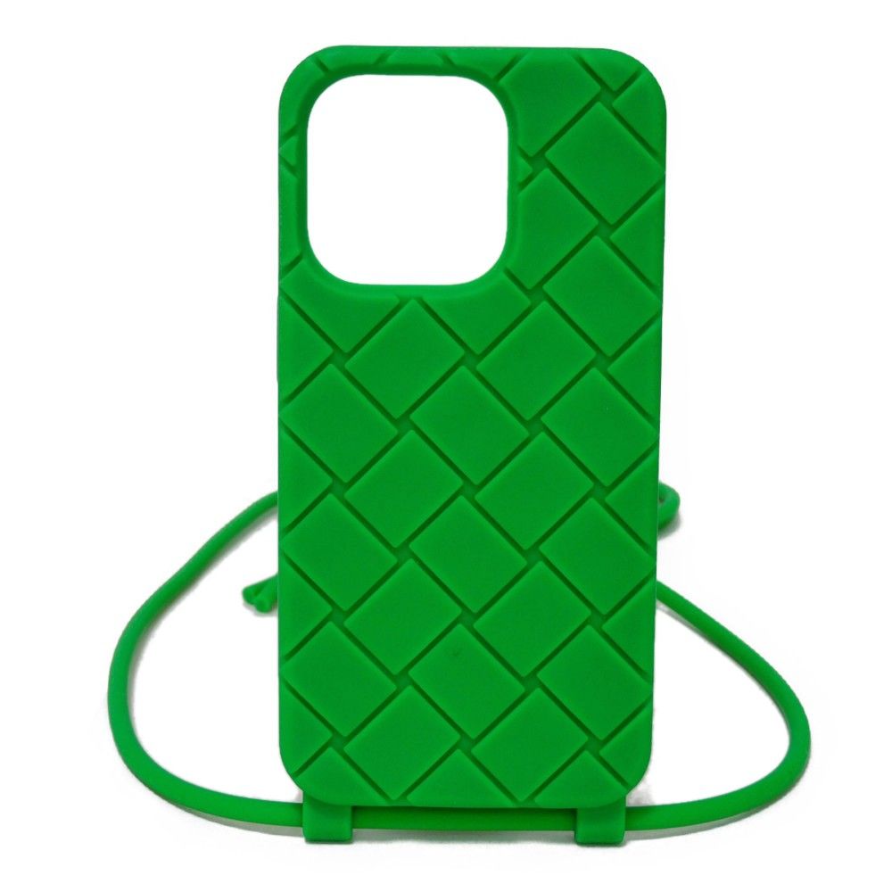 BOTTEGAVENETA ボッテガヴェネタ ストラップ テックラバー iPhone 14 Pro ケース ネックストラップ クロスボディ グリーン マキシ イントレチャート シリコン パラキート スマホケース 733830 V0EY0 3708