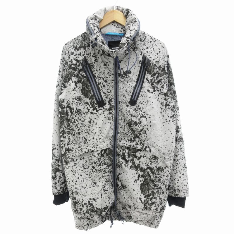 ディーゼル DIESEL ウインドブレーカー ジャケット ロング ジップアップ フード収納 総柄 M 白 ホワイト 黒 ブラック /GV