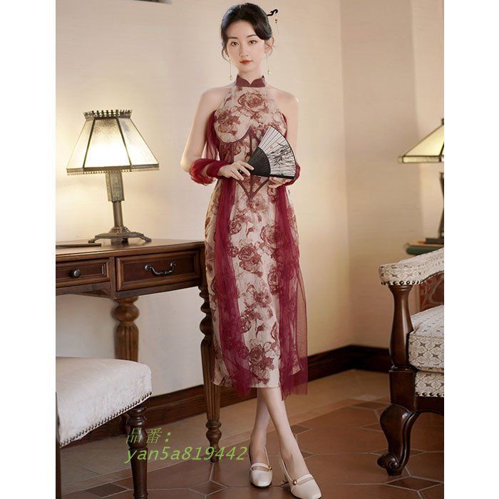 ストール付き ノースリーブ ロングチャイナドレスワンピース 赤 キャバ スナック 韓国 中華 パーティー ドレス yan5a819442