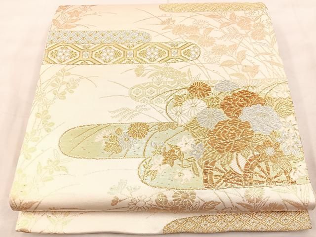 平和屋着物◎全通柄袋帯 唐織 美保姿苑 花車文 金銀糸 正絹 逸品