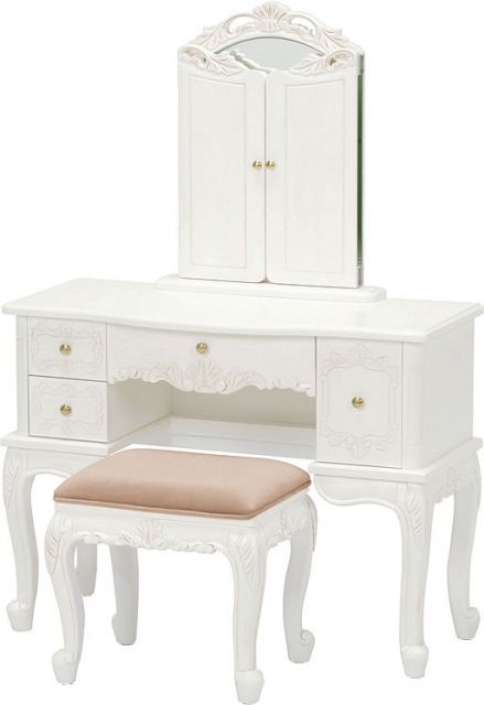 VIOLETTA～ヴィオレッタ～ドレッサー＆刺繍座面猫脚椅子セット(ホワイト)