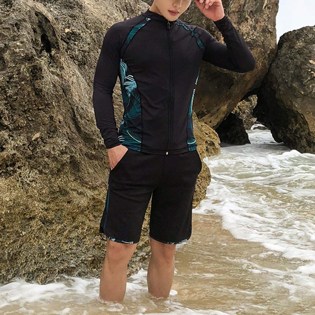 ZHPUAT ラッシュガード メンズ 水着 長袖 前開き レギンス サーフパンツ フィットネス 男性 UVカット温泉 ビーチ 水泳 スイミン