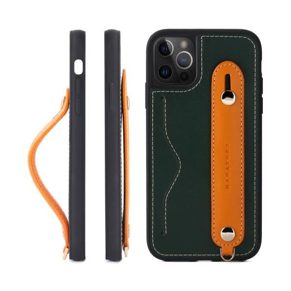 [HANATORA] iPhone12/12 Pro ケース 本革 グリップケース レザー カード収納 グリーン/オレンジ ケース HANATORA 12Pro 公式通販 本 y070812g