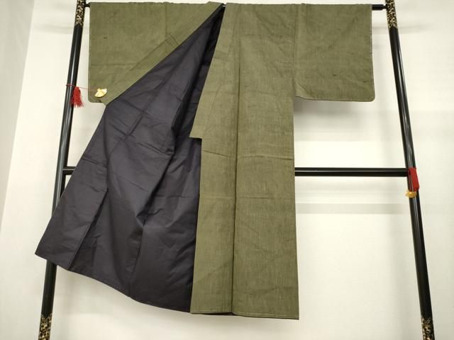 平和屋着物●男性 紬 アンサンブル 色無地 海松色 金彩 正絹 AABA9474ck