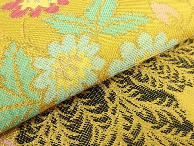 平和屋着物■極上　洛風林　工芸帯地　九寸名古屋帯　草花文　濃い支子色地　金銀糸　逸品　DZAA7750kh5 平和屋着物□極上 洛風林 工芸帯地 九寸名古屋帯 草花文 濃い支子色地