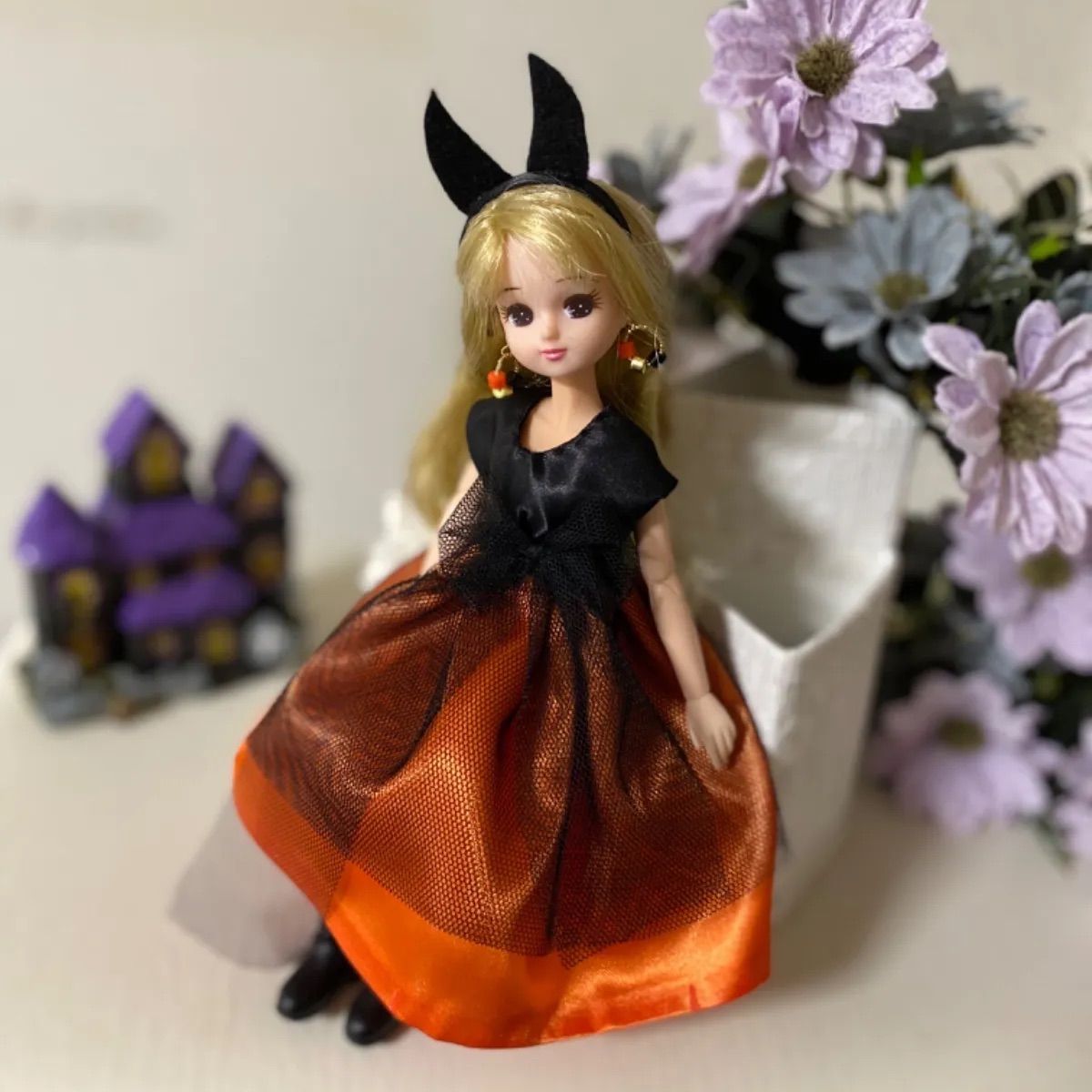 リカちゃんハンドメイド服 ハロウィンカチューシャ付きドレス3点
