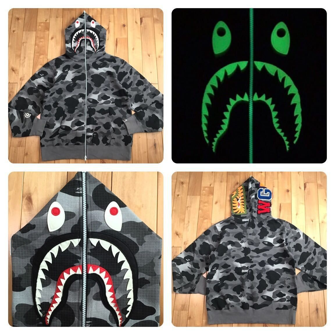 ★蓄光★ Grid Camo SHARK FULL ZIP HOODIE Lサイズ a bathing ape BAPE シャーク パーカー エイプ  ベイプ アベイシングエイプ 迷彩