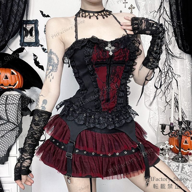 ゴスロリ ゴスロリドレス スカート 黒ゴシック ダークファッション オフィス服 上下セット パーティ 暗黒系 ハロウィン イベント 学園祭 文化祭 舞台演出服