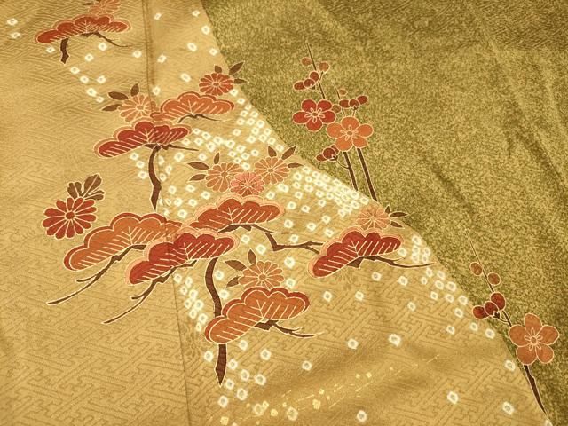 平和屋着物○訪問着 絞り 刺繍 枝花文 金銀彩 正絹 逸品 AAAY0099zg