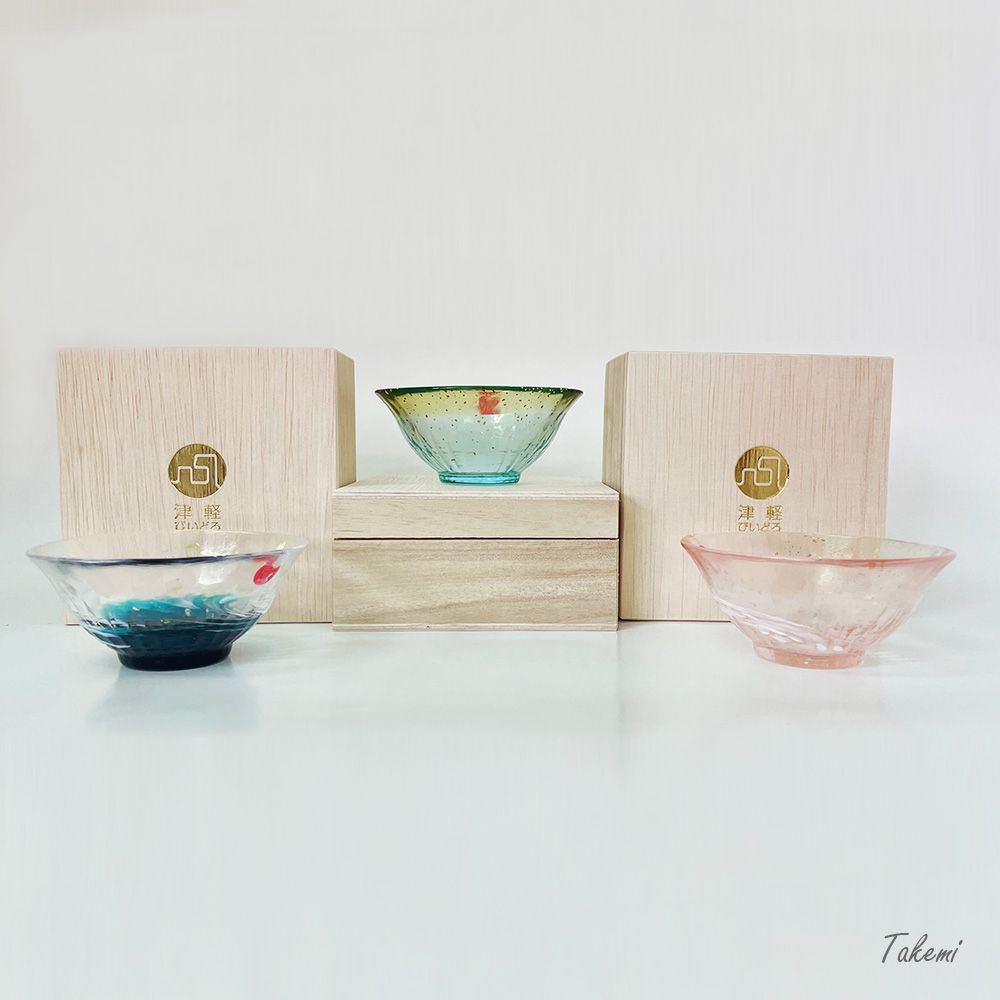 津軽びいどろ 金彩盃 爽華 さやか 3点セット 花霞、月明、初夏 酒器 木