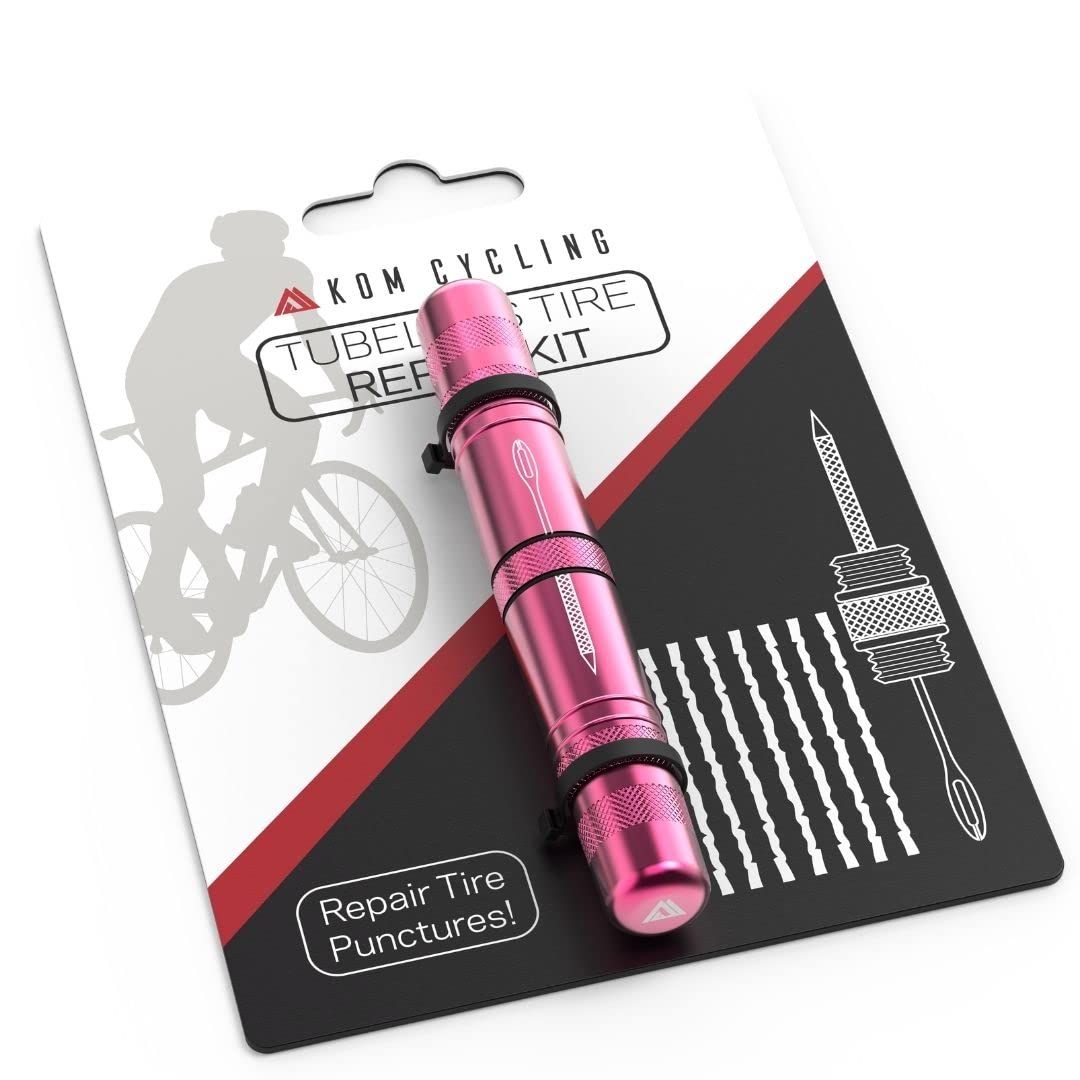 KOM 自転車用チューブレスタイヤ修理キット 8色 マウンテンバイクやロードバイクのタイヤのパンクを修理 – タイヤ修理フォークとリーマー ベーコンストリップ8本付き チューブレスバイクタイヤ修理キット Red specified can Pink