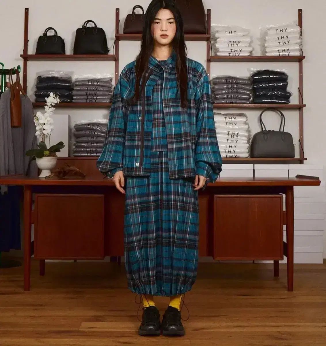 ソウルへ thy seoul 青 チェック ロング丈スカート