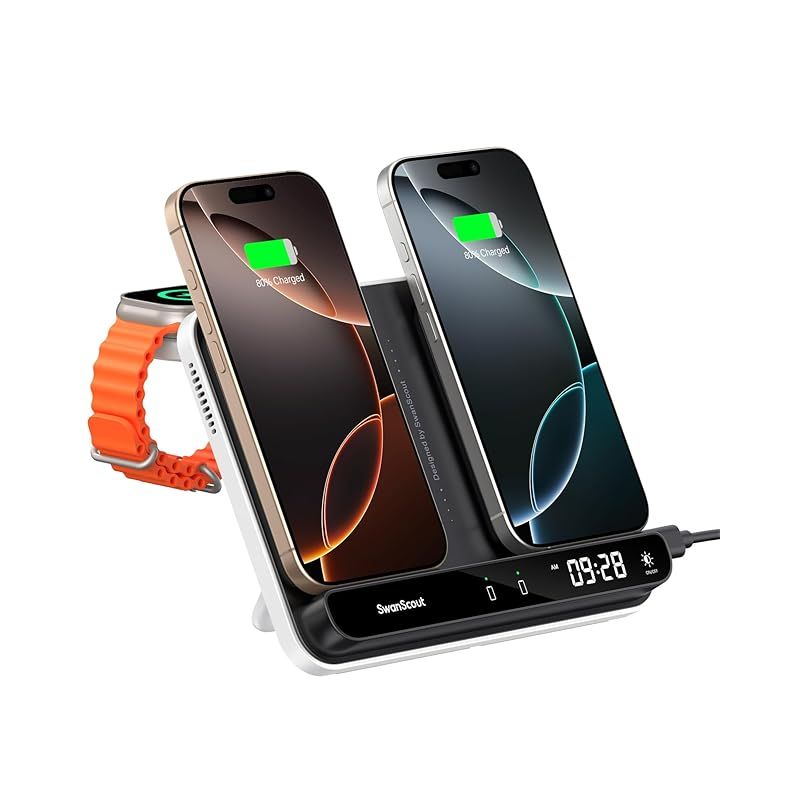 ワイヤレス充電器 2台 iphone 充電スタンド 2台同時 折りたたみ式 充電ステーション 置くだけ充電 iPhone 16|15|14|13|12|11|8|Xシリーズ対応 Apple Watch 10|9|8|7|6|Ultra 2|Ultra|S 0