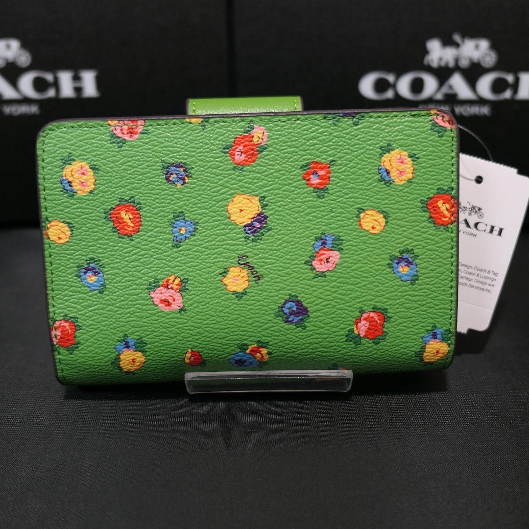 新品COACH コーチ 折り財布 ネオングリーン ヴィンテージローズ 花柄 緑色 - メルカリ