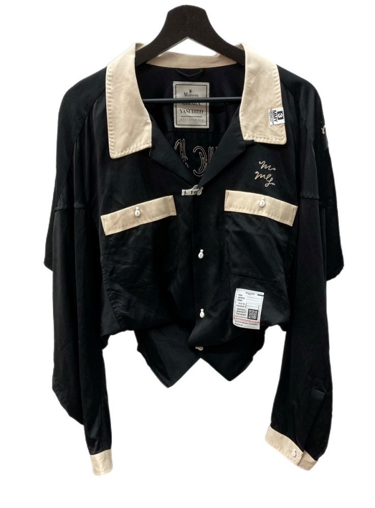 メゾン ミハラヤスヒロ Maison MIHARA YASUHIRO 24SS スローガン クロップド シャツ SLOGAN CROPPED SHIRT 開襟 オープン BLACK 黒 K12SH071 刺繍 ブラック SIZE36 104LT-134