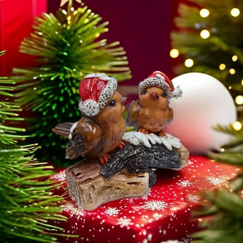 【新品未使用】クリスマスの樹脂製小鳥オーナメント - 魅力的な樹上の小鳥デザイン、屋内外で楽しめるデコレーションアイテム#3658