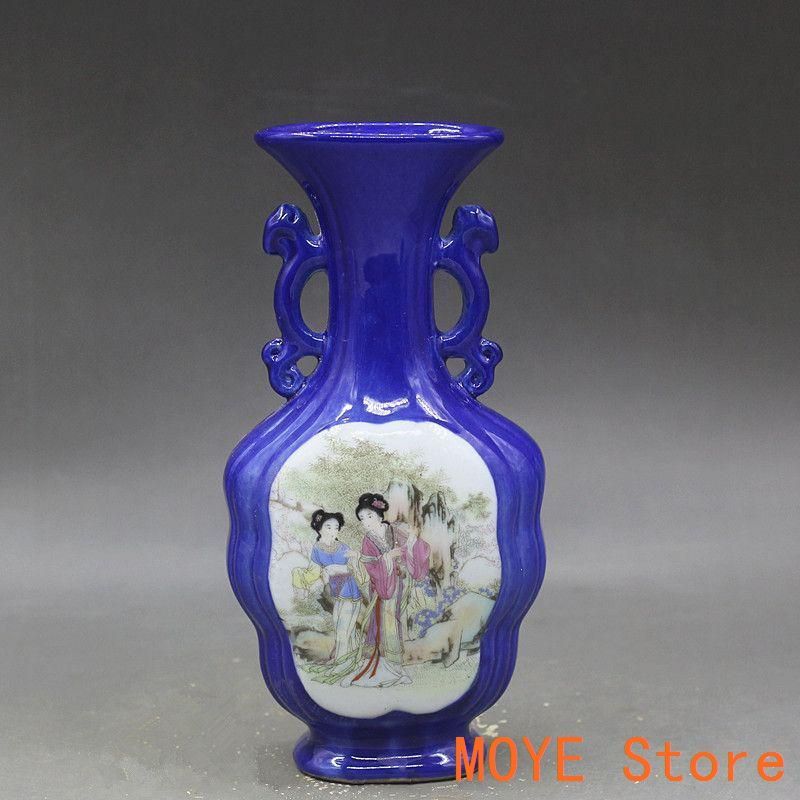 斉藍釉開窓西廂記両耳瓶  景徳鎮 陶磁器 装飾品 現代工芸品 美術品 置物 斉藍釉開窓西廂記両耳瓶 景徳鎮 陶磁器 装飾品 現代工芸品 美術
