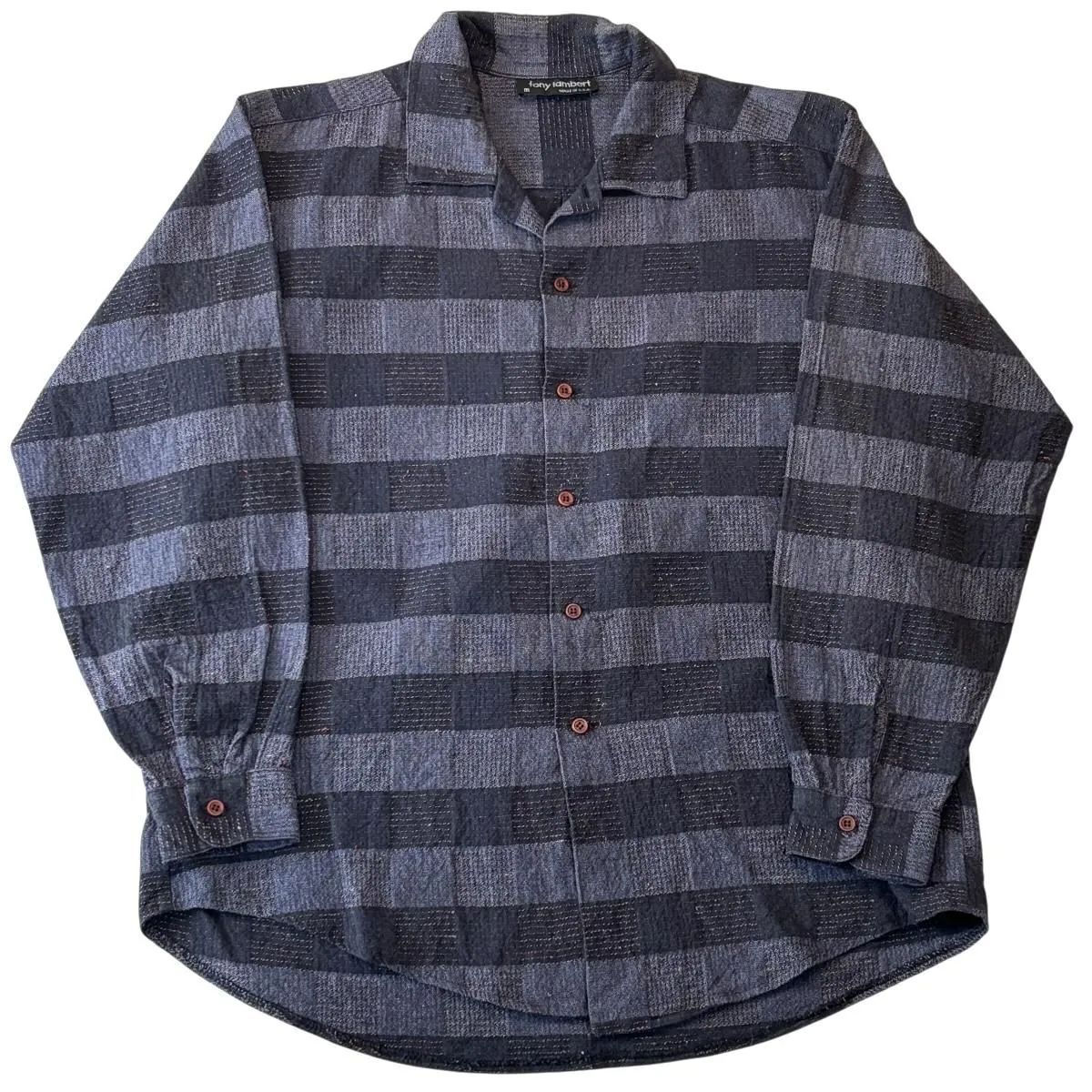 90s tony lambert Nep pattern L S SHIRT トニーランバート 開襟 長袖チェックシャツ M ネップ柄 ボーダー 紺 古着