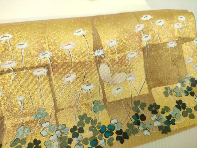 平和屋着物○塩瀬 九寸開き名古屋帯 作家物 手描き 舞蝶花文 金銀彩  