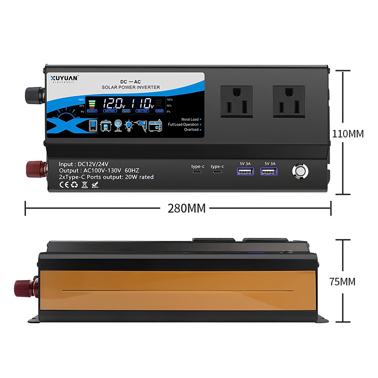 インバーター 1200W (瞬間2000W対応) DC12V/24V自動変換→AC100/110V 
