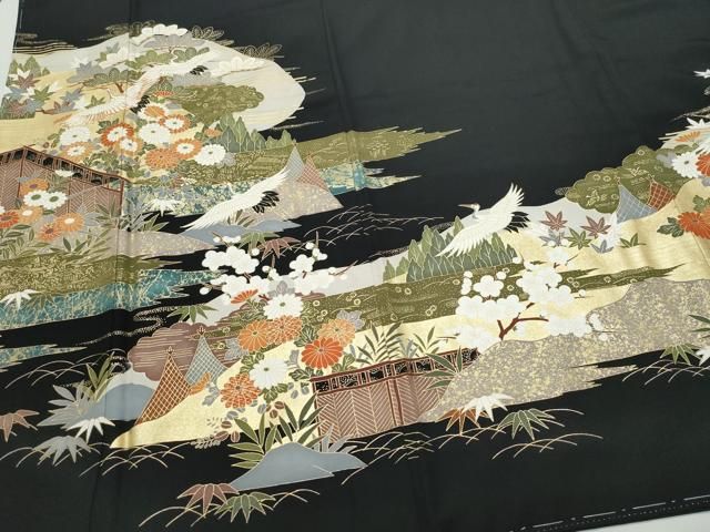 平和屋着物○豪華黒留袖 駒刺繍 飛鶴屏風草花文 金彩 正絹 逸品 未使用