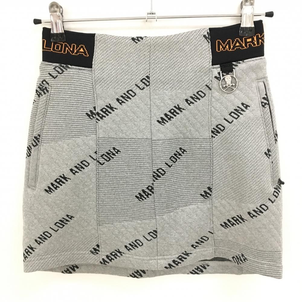 マークアンドロナ スカート グレー×黒 ロゴ総柄 サイドウエストゴム 後ろハーフジップ レディース 36 S ゴルフウェア MARK＆LONA