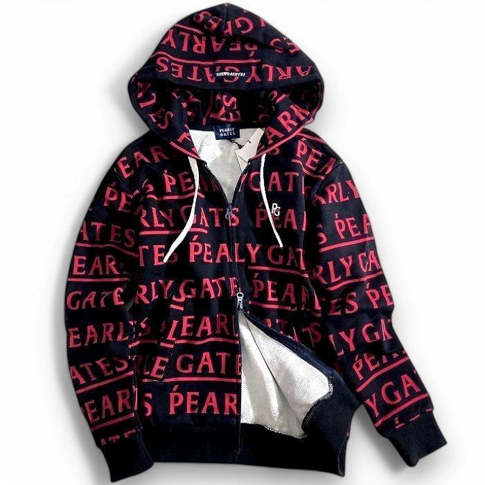 PEARLY GATES パーリーゲイツ ゴルフ コットン裏毛 スウェット メゾンロゴ柄 フルジップ フーディ パーカー ジャケット ゴルフウェア レディース 055-2162314 定価3万 ブラック レッド ▲034 50214w05 WHITEMONARCHHOTEL_COM