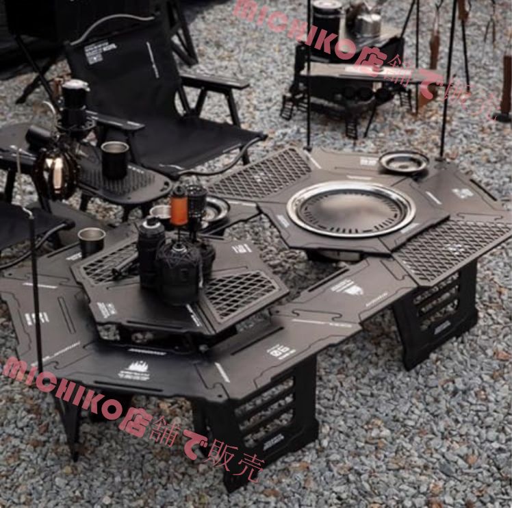 屋外ストーブティーテーブルキャンプ多機能六角形ラウンド木製テーブルバーベキューテーブルキャンプ取り外し な折りたたみテーブル5in1焚き火台 キャンプ用品 薪ストーブ 焚火台 折りたたみ収納 ポータブル 焚き火をし お茶を入れる ア登山 旅行