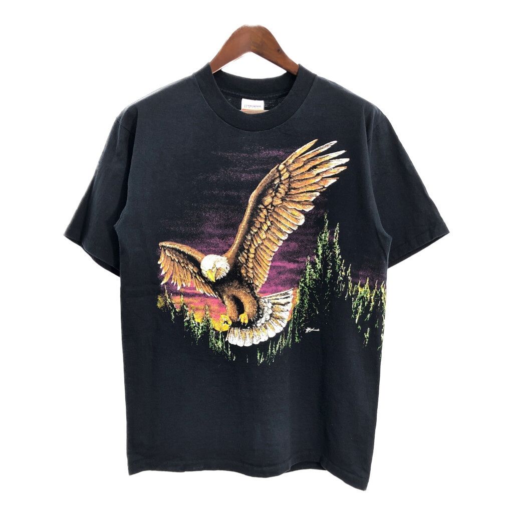 90年代 USA製 アニマルプリント ハクトウワシ 半袖Ｔシャツ ブラック (メンズ L) 中古 古着 T3905