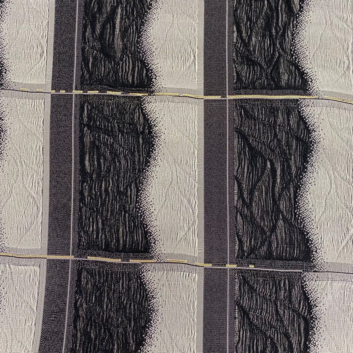 袋帯 秀品 格子 銀糸 箔 灰色 六通 正絹