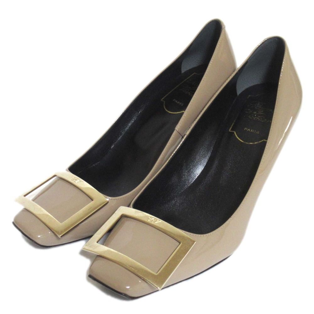 Roger Vivier ロジェヴィヴィエ パテントレザー バックル スクエアトゥ パンプス 35.5サイズ 約22.5cm ベージュ シルバー金具 レディース 古着