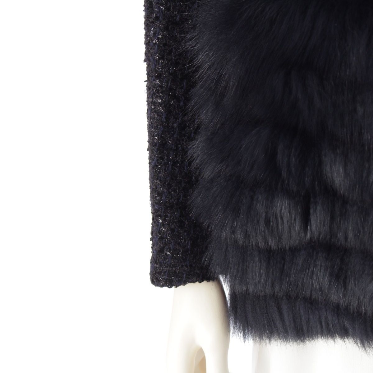 ドゥロワー 22AW ウール ナイロン コットン WINTER2 長袖 ラメツイード フォックスファー ノー ジャケット アウター 6522-234-0737 ネイビー ブラック 36 WWW_SIROKUMA-CORPORATION_COM