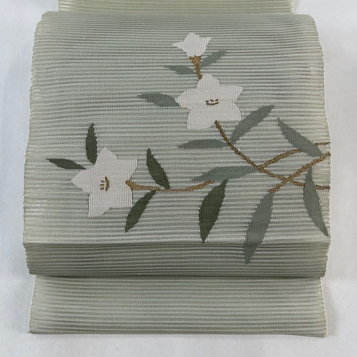 名古屋帯 秀品 夏帯 絽 八寸名古屋帯 桔梗 金糸 薄緑 正絹