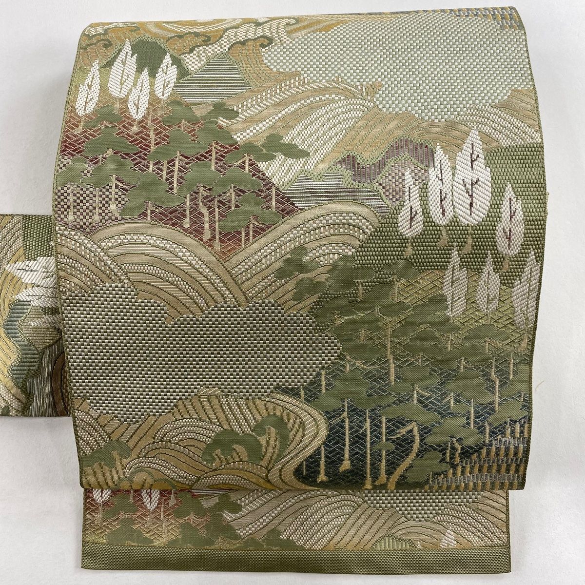 名古屋帯 美品 優品 縦縞 縮緬 灰緑 正絹 【中古】 名古屋帯 美品 名品