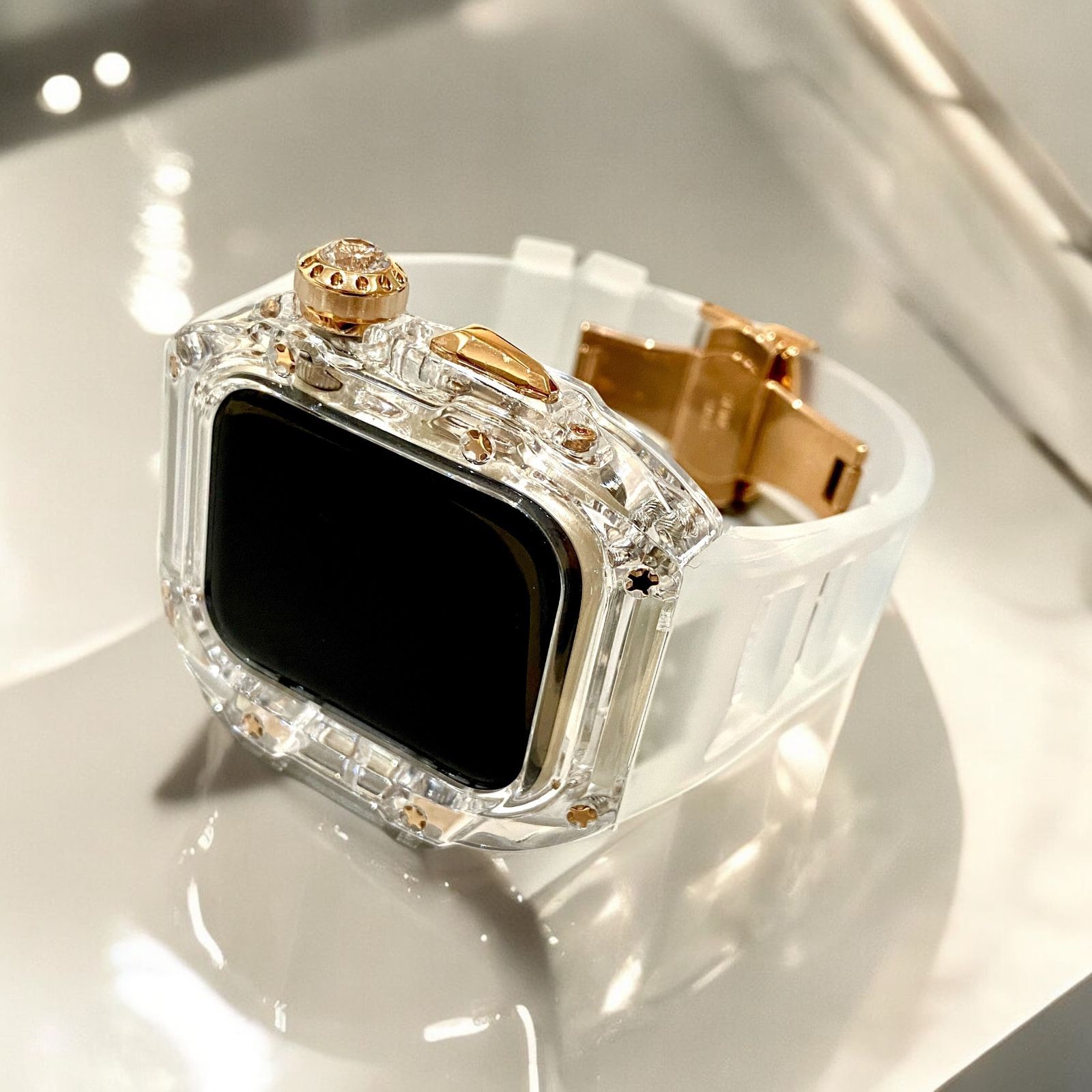 44mm Applewatch　カバー メンズ カスタム 時計バンド ローズブラック 新作 メタル ラバー カスタム apple watch ケース