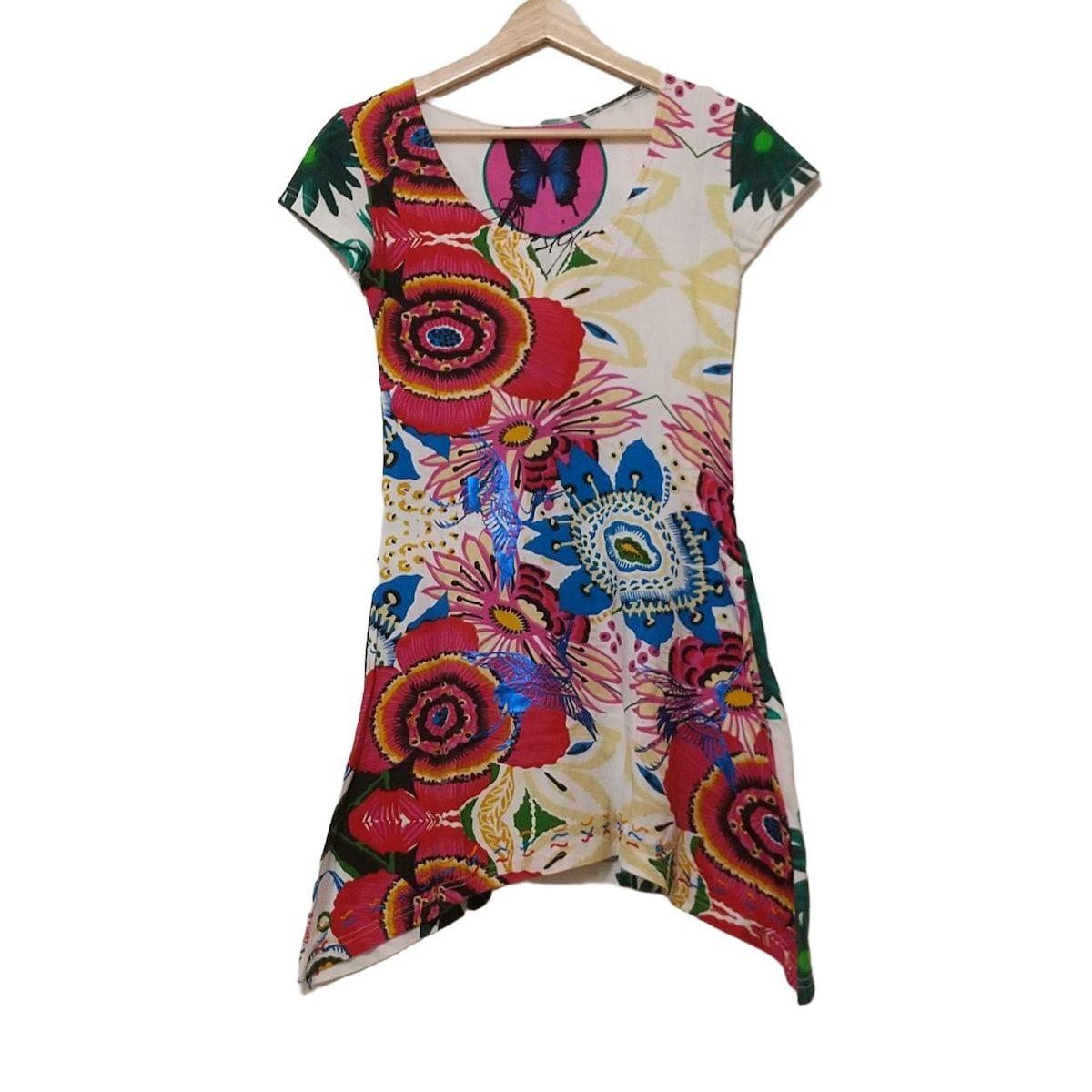Desigual デシグアル ワンピース サイズS レディース - 白×レッド×マルチ 半袖|ミニ|花柄