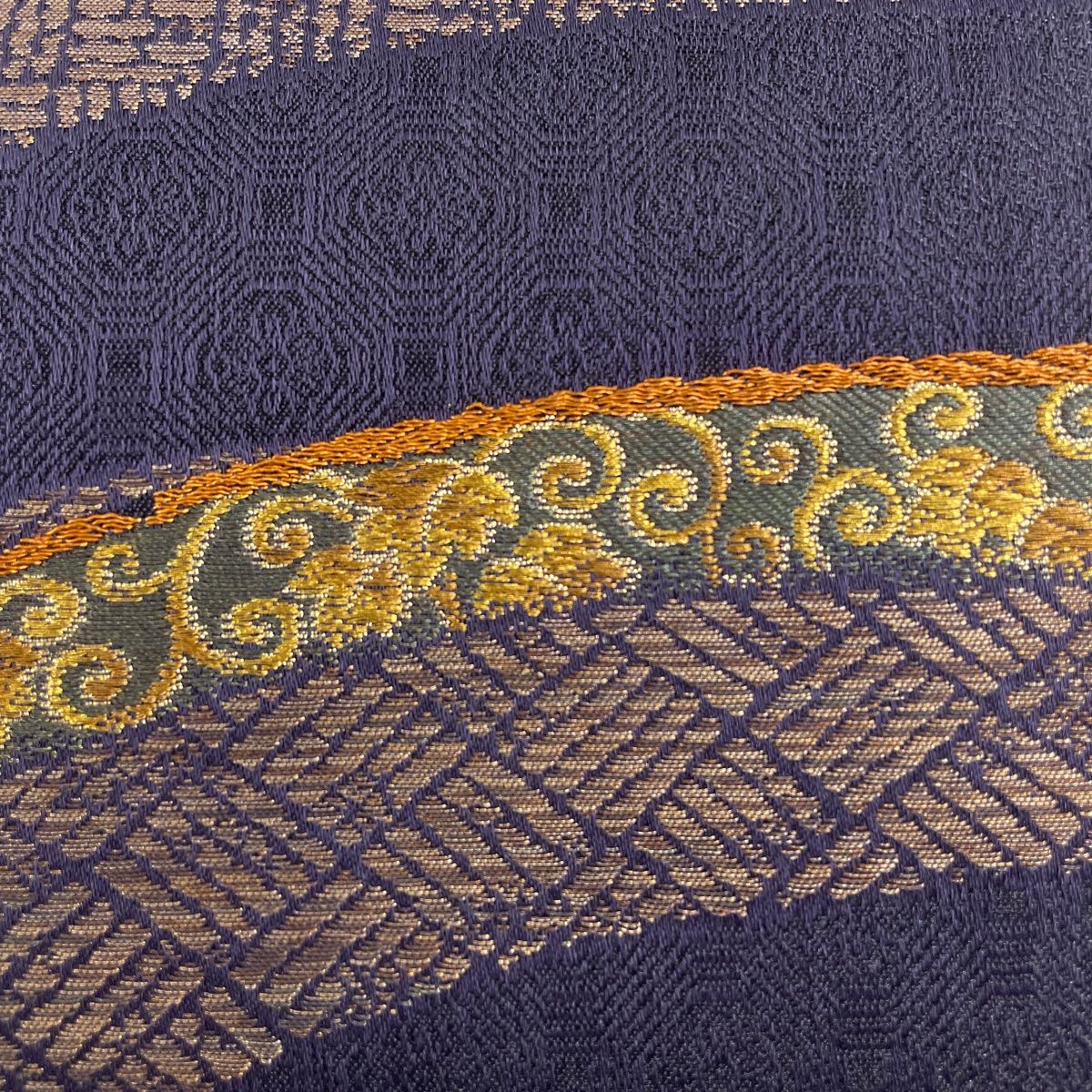 袋帯　金糸　銀糸　訪問着　蝶　美品 袋帯 美品 秀品 蝶 唐草 金糸 箔 濃紫 六通 正絹 【中古